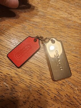 Coach Gold Metal & Red Leather Double Tag Key Charm